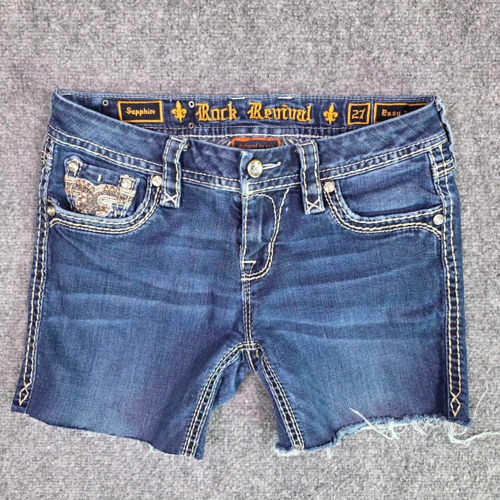Rock Revival Sapphire Shorts Womens 27 Denim Blue Cut Off Embellished Low Rise